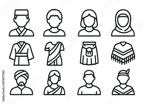 Cultural Diversity Icons. Outline icon set of Cultural diversity: Asian person, African person, European
