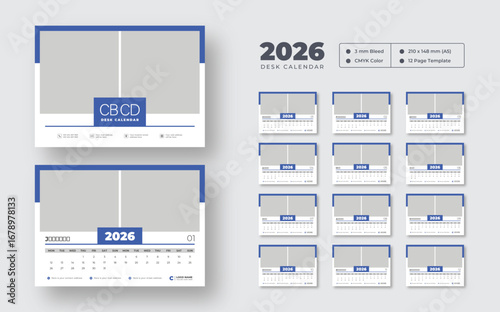 Editable 2026 desk calendar | Monday start | Clean printable vector layout for personal or professional use