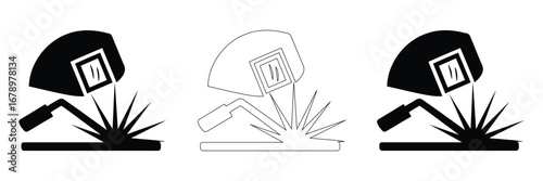 Welding icon symbol collection on white background.Welding technology icon, metal tool equipment symbol, safe weld vector illustration .Welder creating sparks with protective helmet and torch
