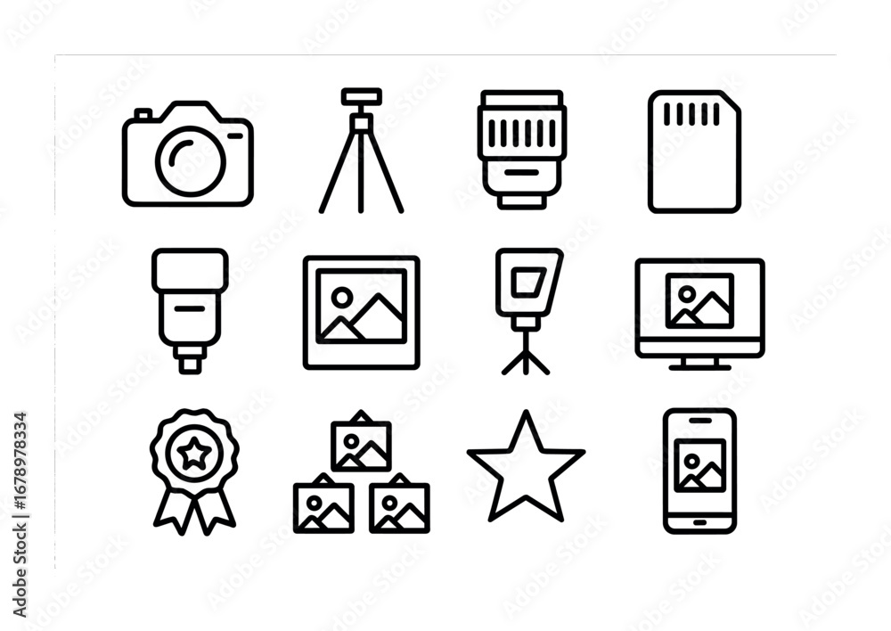 Photography Contest Icons. Outline icon set of Photography contests: camera, tripod, lens, memory card, flash,