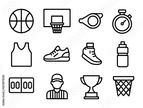 Basketball Icon Set. Outline icon set of Basketball tournaments: basketball, hoop, whistle, jersey, sneakers,