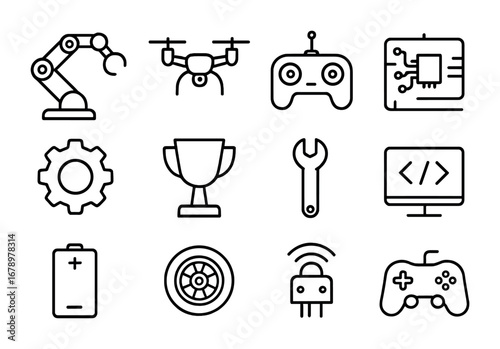 Robotics Competition Icons. Outline icon set of Robotics competitions: robot arm, drone, remote control,