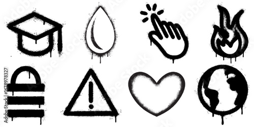 Graffiti Stencil Icons Set, Education, Nature, Technology, Warning, Love, and Earth Symbols in Street Art Style.