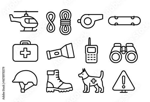 Mountain Rescue Icons. Outline icon set of Mountain rescue: helicopter, rope, whistle, stretcher, first aid