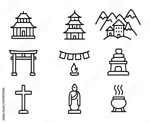 Sacred Mountain Icon Set. Outline icon set of Sacred mountains: temple, pagoda, monastery, shrine gate, prayer