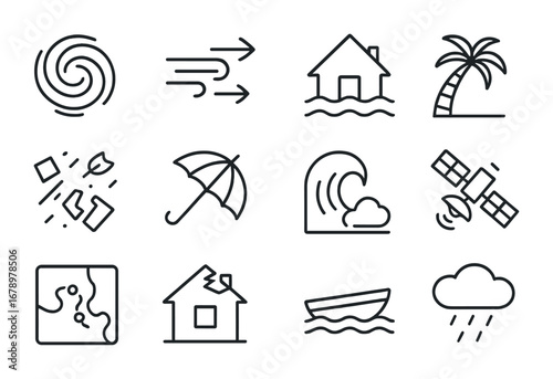 Hurricane Icon Set. Outline icon set of Hurricane: cyclone swirl, wind arrows, flooded house, palm tree,