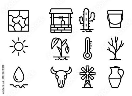 Drought Icon Set. Outline icon set of Drought: cracked soil, dry well, cactus, empty bucket, sun, withered