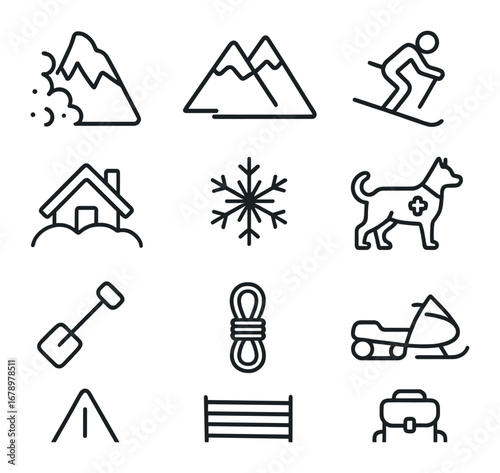Avalanche Icon Set. Outline icon set of Avalanche: snow slide, mountain, skier, buried house, snowflake,