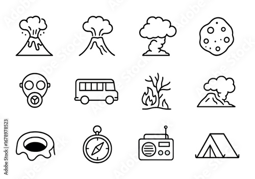 Volcano Eruption Icon Set. Outline icon set of Volcano eruption: erupting volcano, lava flow, ash cloud, magma