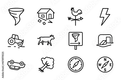 Tornado Icon Set. Outline icon set of Tornado: funnel cloud, house debris, weather vane, lightning bolt,