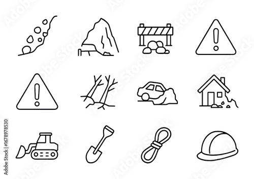 Landslide Icon Set. Outline icon set of Landslide: falling rocks, collapsing hill, blocked road, cracked