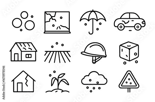 Hailstorm Icon Set. Outline icon set of Hailstorm: hailstones, cracked window, umbrella, car damage, roof