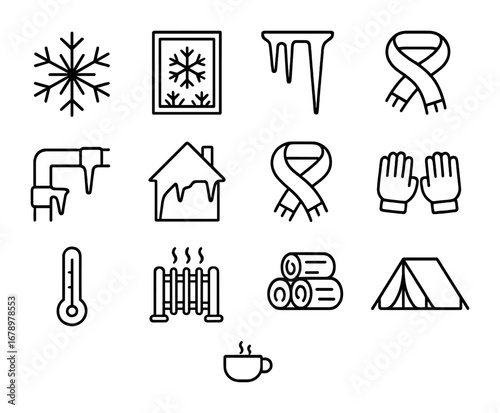 Extreme Cold Icons. Outline icon set of Extreme cold: snowflake, frost window, icicle, frozen pipe, house,