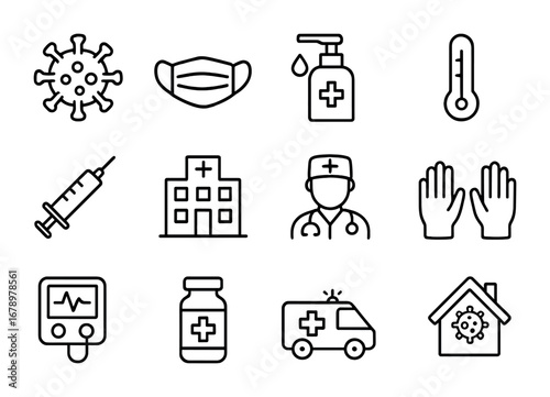 Pandemic Essential Icons. Outline icon set of Pandemic disaster: virus icon, mask, sanitizer, thermometer,