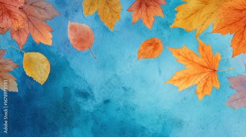 September Header. Artistic Watercolor Poster with Autumn Leaves in Blue and Yellow Tones