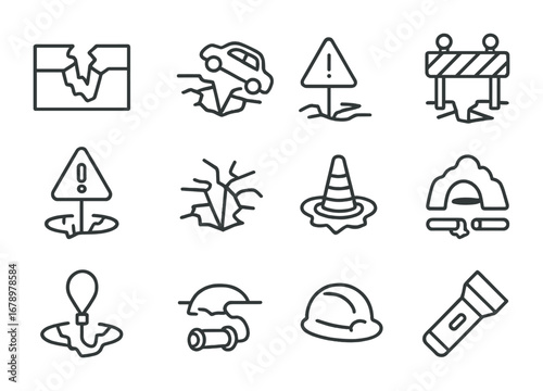 Sinkhole Icon Set. Outline icon set of Sinkhole: collapsed road, car falling, barricade, warning sign, cracked