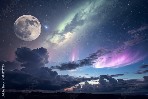 Beautiful sky view under the full moon, clouds and aurora. Design illustration