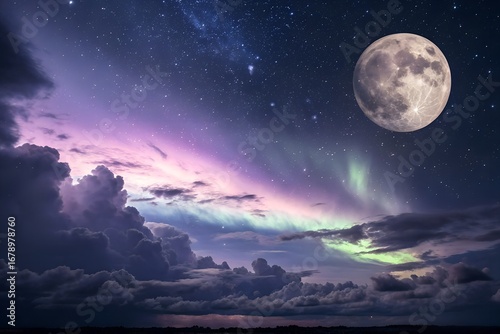 Beautiful sky view under the full moon, clouds and aurora. Design illustration