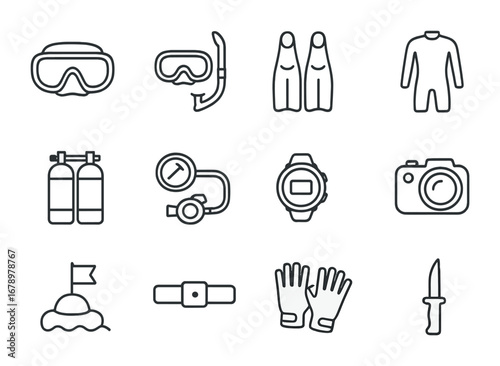 Scuba Diving Icons. Outline icon set of Scuba diving: mask, snorkel, fins, wetsuit, oxygen tank, regulator,
