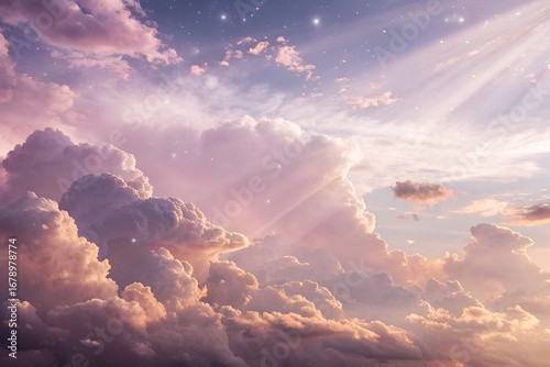 The stunning fantasy sky is filled with large, soft clouds in shades of gold, pink, and purple, illuminated by the shining sun.