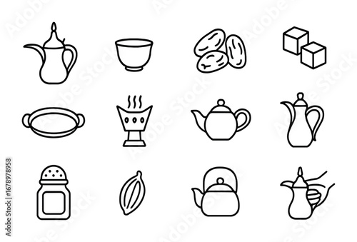 Arabic Coffee Icons. Outline icon set of Arabic coffee culture: dallah coffee pot, small cup, dates, sugar
