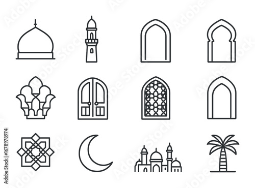 Islamic Architecture Icons. Outline icon set of Islamic architecture: mosque dome, minaret, archway, courtyard
