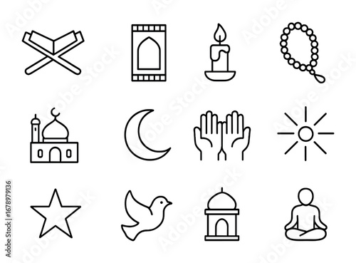 Arabic Spirituality Icons. Outline icon set of Arabic spirituality: Quran stand, prayer rug, candle, rosary