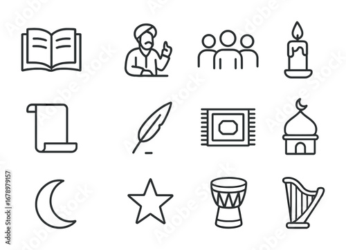 Arabic Storytelling Icons. Outline icon set of Arabic storytelling: open book, storyteller figure, audience,