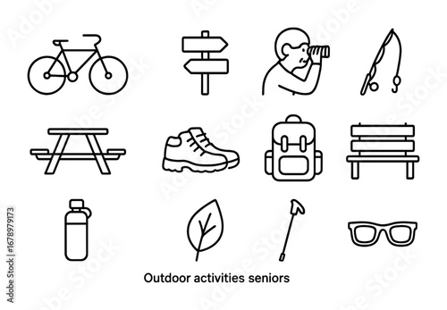 Senior Outdoor Activity Icons. Outline icon set of Outdoor activities seniors: bicycle, hiking trail sign,