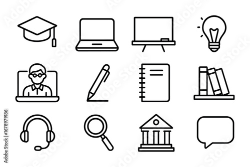 Senior Learning Icons. Outline icon set of Lifelong learning seniors: graduation cap, open laptop, chalkboard,
