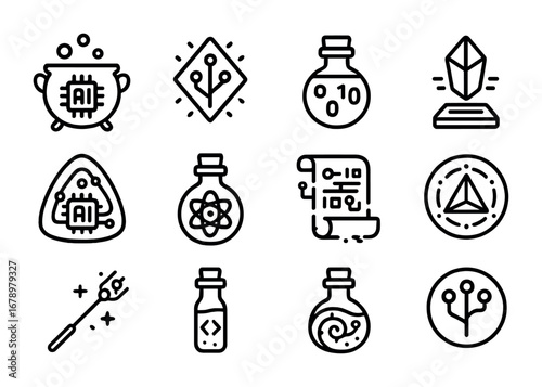 Cyber-Alchemy Icon Set. Outline icon set of Cyber-alchemy: digital cauldron, glowing circuit rune, binary