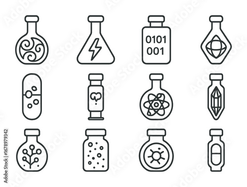 Quantum Potion Icons. Outline icon set of Quantum potions: fractal vial, glowing energy flask, binary-coded