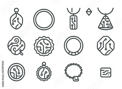 Circuit Talisman Icons. Outline icon set of Circuit talismans: cyber amulet, glowing ring, AI pendant,