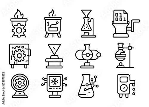 Alchemical Icon Set. Outline icon set of Alchemical machines: gear-crucible, circuit furnace, nanotech