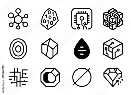 Algorithmic Metals Icons Grid. Outline icon set of Algorithmic metals: nanotech gold, binary silver shard,