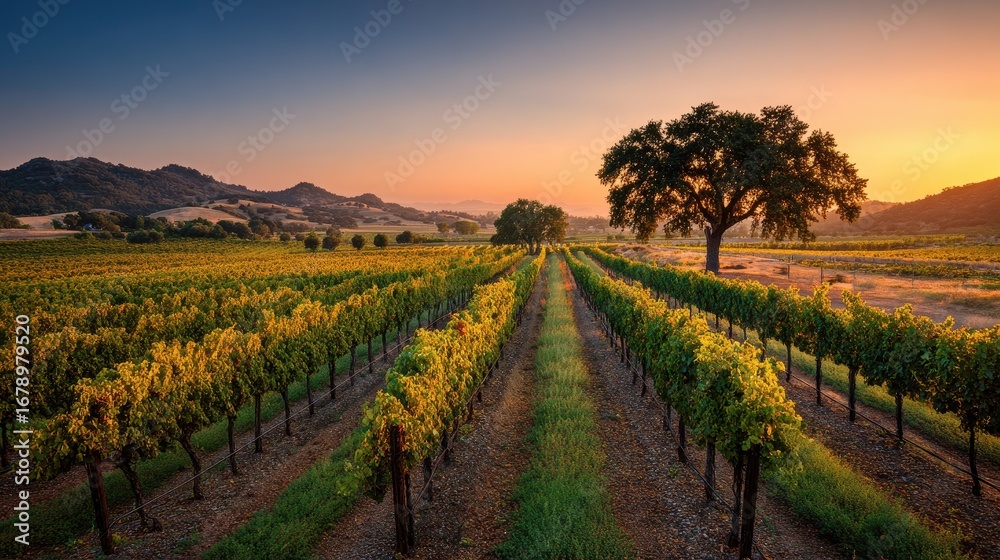 Naklejka premium Sonoma Vineyard Sunset: Tranquil Evening in California Wine Country