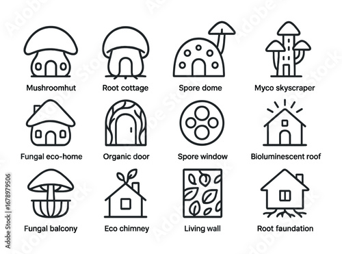 Eco-Fungal Housing Icons. Outline icon set of Eco-fungal housing: mushroom hut, root cottage, spore dome, myco