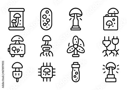 Spore Energy Icon Set. Outline icon set of Spore-based energy: spore reactor, glowing capsule, bioluminescent