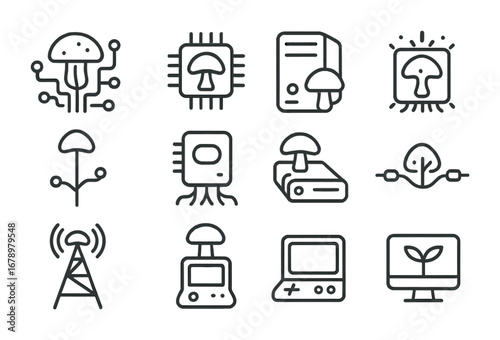 Myco-Tech Icon Set. Outline icon set of Myco-technology: fungal circuit board, spore processor, organic server