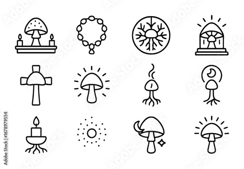Mycelium Spirituality Icons. Outline icon set of Mycelium spirituality: spore altar, fungal prayer beads, root