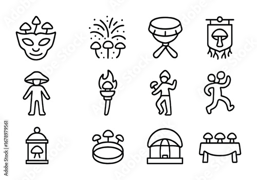 Fungal Festival Icons. Outline icon set of Fungal festivals: glowing mask, spore fireworks, mushroom drum,