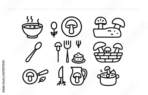 Myco Cuisine Icon Set. Outline icon set of Myco cuisine: spore soup bowl, mushroom plate, glowing cup, fungal