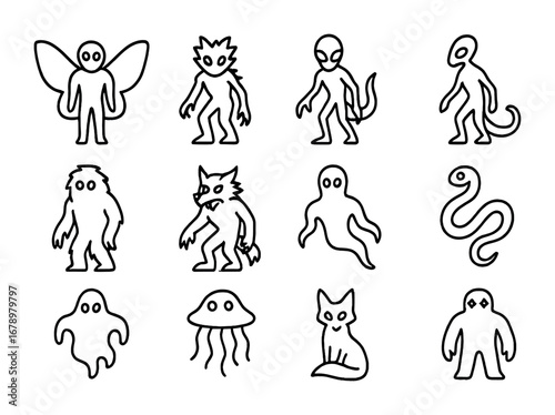 Alien Cryptids Icon Set. Outline icon set of Alien cryptids: mothman, chupacabra, insectoid crawler, reptilian