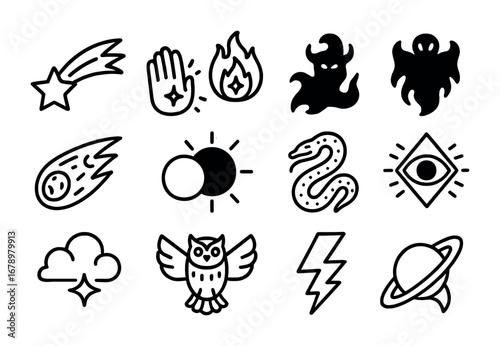 Cosmic Omens Icons. Outline icon set of Cosmic omens: falling star, glowing hand, astral flame, hybrid shadow,