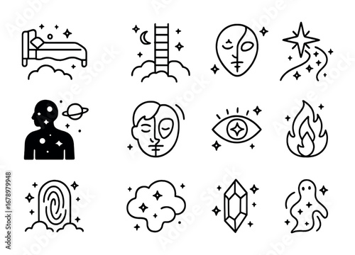 Alien Dreamscape Icons. Outline icon set of Alien dreamscapes: floating bed, astral ladder, glowing star road,