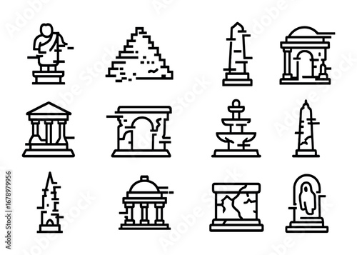 Glitched Monument Icons. Outline icon set of Glitched monuments: corrupted statue, pixel pyramid, fragmented