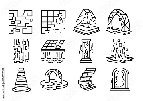 Collapsed Cyberspace Icons. Outline icon set of Collapsed cyberspace: glitch wall, fragmented grid, collapsing