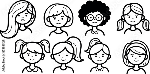 Diverse young girls cartoon faces with different hairstyles smiling vector illustration