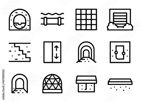 Hidden Infrastructure Icons. Outline icon set of Hidden infrastructure: underground tunnel, invisible pipe,