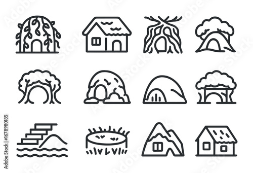 Nature-Inspired Architectural Icons. Outline icon set of Organic invisibility: vine-covered dome, moss house,